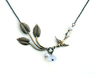 Antiqued Gold Brass Leaf Bird Necklace Wedding Jewelry Bridal Jewelry Bridesmaid Gift White Pearl Bead Gold Chain Lillian Jewelry