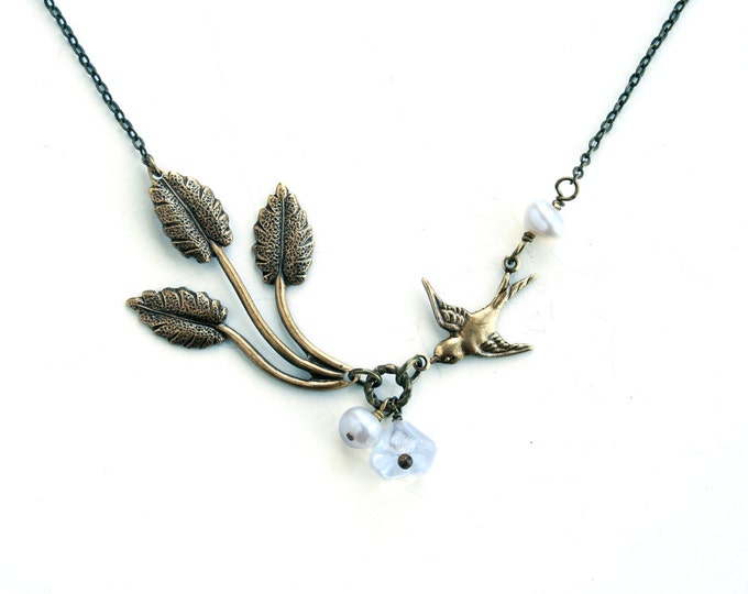 Antiqued Gold Brass Leaf Bird Necklace Wedding Jewelry Bridal Jewelry Bridesmaid Gift White Pearl Bead Gold Chain Lillian Jewelry