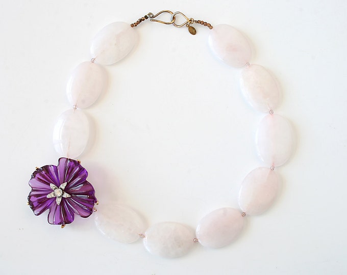 Wedding Jewelry Bridal Statement Necklace Vintage Rhinestone Brooch Purple Flower Brooch Pink Rose Quartz Gemstone Beads Sterling Silver