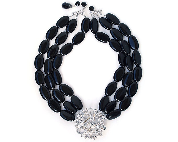 Statement Necklace Vintage Rhinestone Flower Brooch Multi Strand Black Obsidian