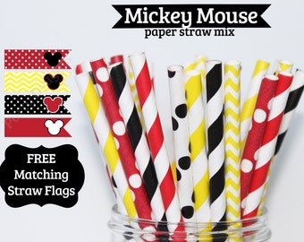 Mickey Mouse yellow red black Stripe PAPER STRAWS Minnie mouse  birthday party wedding baby shower cake pop sticks Bonus diy straw flags