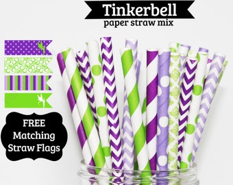 Tinkerbell Paper Straws mix lavender lime green purple Stripe paper straws wedding birthday shower  baby shower FREE Printable straw Flags