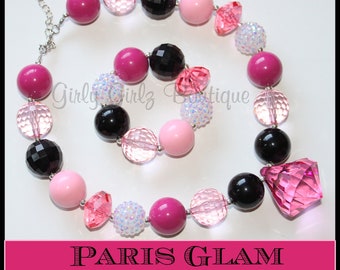 Paris Glam Girls Chunky Bubblegum Necklace  & Bracelet Set hot pink black Barbie party jewelry  HUGE CLOSEOUT SALE