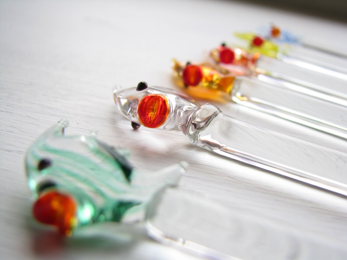 Set of Six Vintage Glass Cocktail Stirrers Shaped Like Fish Etsy