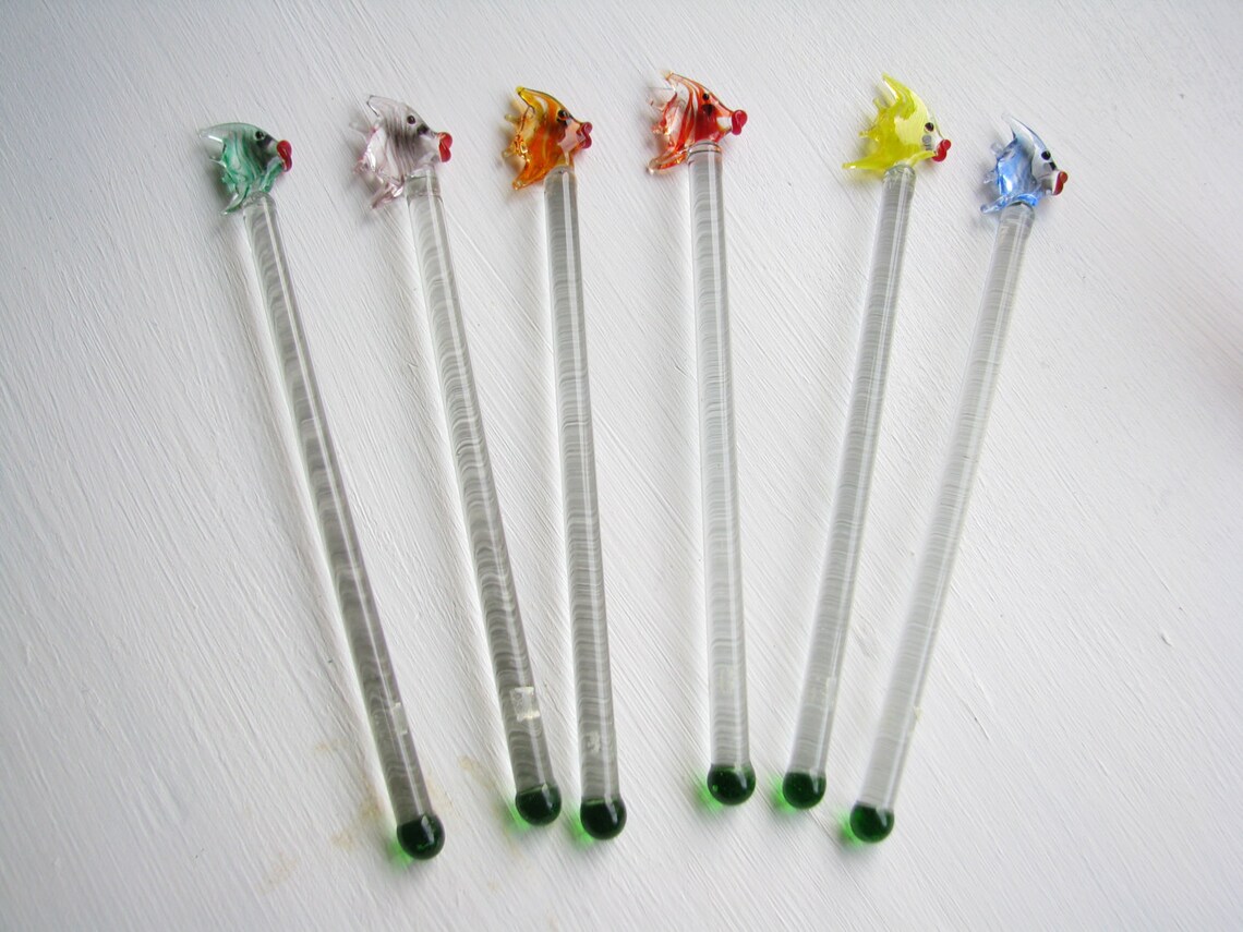 Set of Six Vintage Glass Cocktail Stirrers Shaped Like Fish Etsy