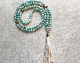 Amazonite Mala Beads - Creativity & Patience - Meditation Neckalce - Yoga 108 Mala - Blue/White - Item # 801
