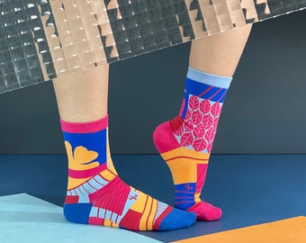 Clover Collage Blue Unisex Crew Socks | Mismatched Socks | Colorful Fun & Comfortable Socks