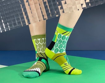 Clover Collage Green Unisex Crew Socks | Mismatched Socks | Colorful Fun & Comfortable Socks