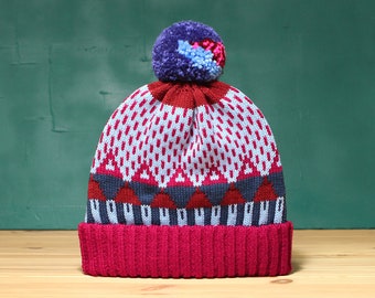 Magenta Triangle Detachable Pom Pom Beanie Hat | for men | for women | colorful & cozy | handmade customized gift