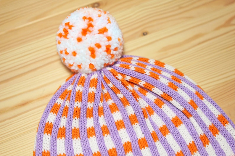 Checked Stripes Detachable PomPom Beanie Hat for men for women colorful & cozy handmade unisex gift image 3