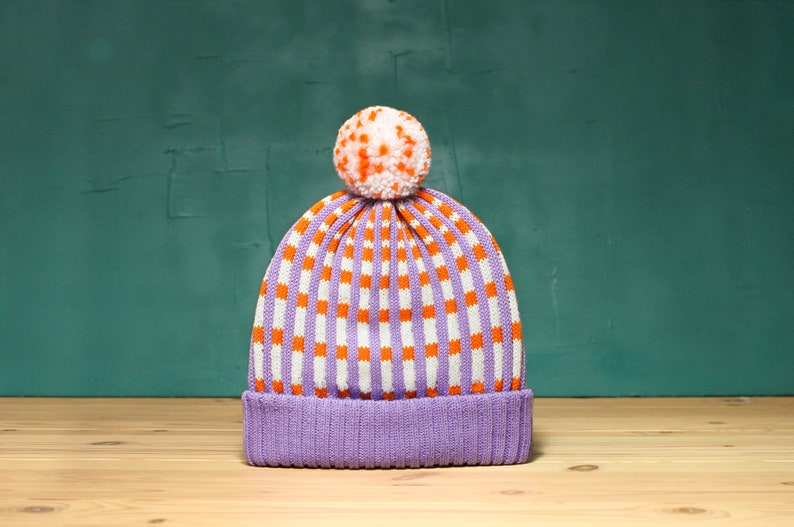 Checked Stripes Detachable PomPom Beanie Hat for men for women colorful & cozy handmade unisex gift Lavender