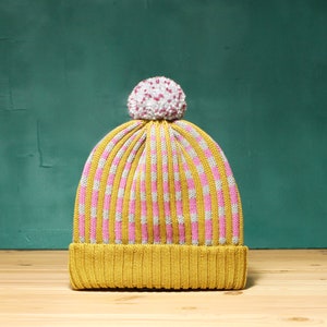 Checked Stripes Detachable PomPom Beanie Hat for men for women colorful & cozy handmade unisex gift Wasabi