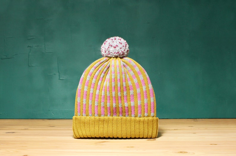 Checked Stripes Detachable PomPom Beanie Hat for men for women colorful & cozy handmade unisex gift Wasabi