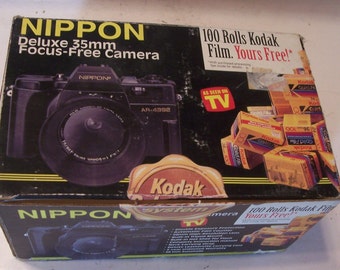 New Vintage NIPPON 35mm Camera AR-4392F w/Case Strap Sun Shade Lens Cap,  As Seen On TV 1990's In original shipping box,