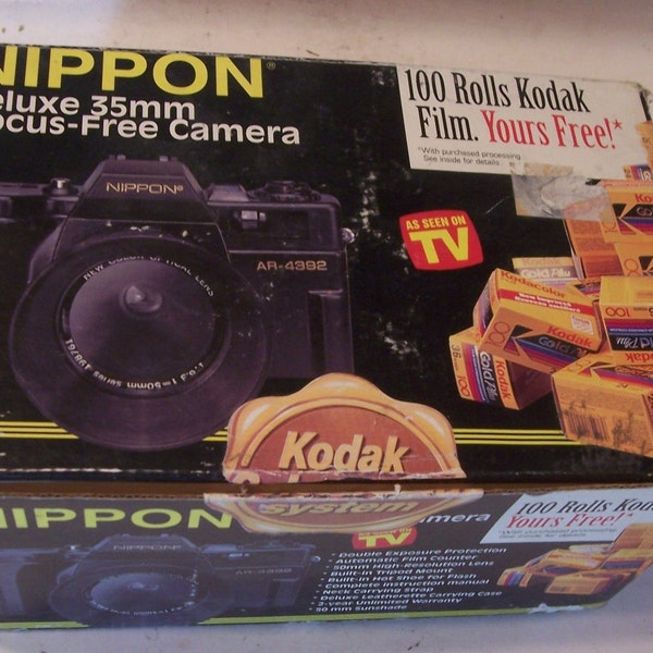 New Vintage NIPPON 35mm Camera AR-4392F w/Case Strap Sun Shade Lens Cap,  As Seen On TV 1990's In original shipping box,