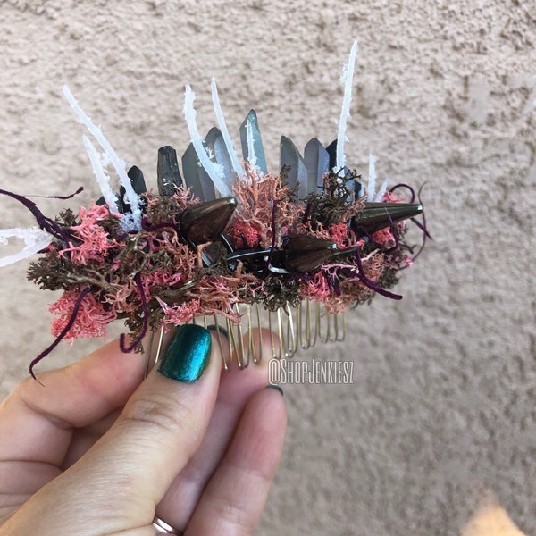 Dark Witchy Gothic Cottagecore Crystal Hair Comb - Smokey Quartz - Pink Moss - Spikes - Alternative Occult Wedding Hair Accessory