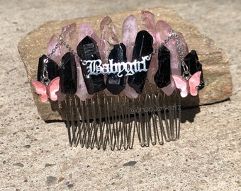 Pink and Black Crystal Quartz ‘Babygirl’ Decorative Hair Comb - soft goth, pastel goth, doll aesthetic, spooky cute wedding