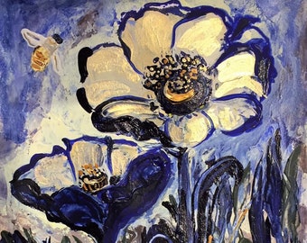 Original Bee and Wildflower painting, Impressionist, Floral, Impasto, Indigo Blue Gold colors, Sissy Altom art