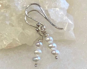 Linear Drop Pearl Earring, White,  Women's, simple, delicate, Three Organic Freshwater Pearl Drops, June Birthstone, for her/@IndigoLayne