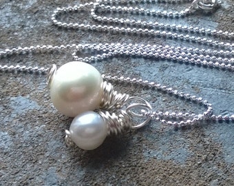 Freshwater Pearl Pendant Necklace, Sterling Silver Pearl Necklace, Duo Pearl Necklace, Minimalist Pearl Jewelry