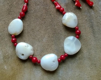 Dendritic Opal & Red Coral Necklace Set | Opal Necklace with Matching Earrings