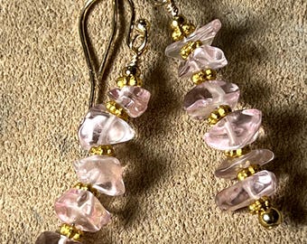 14K Gold Filled Rose Quartz Drop Earrings, Bohemian Style
