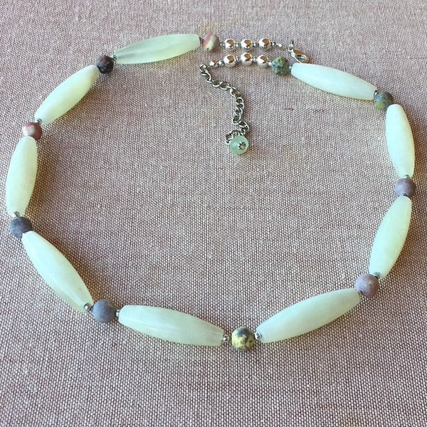 Chic Cucumber Green Jade Necklace with Amazonite, Long Trillion Shaped Jade Gemstone Collier, Statement Jade Jewelry, for Her/@IndigoLayne