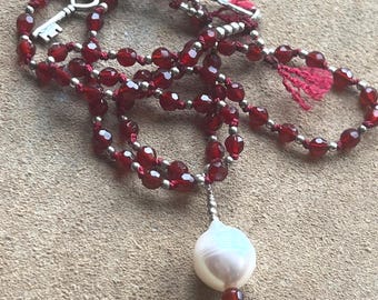 Ruby Red Crystal Necklace with Pearl Drop — Silk Knotted Austrian Crystals, Sterling Silver