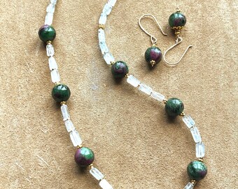 Ruby Zoisite Necklace and Earrings Set, Natural Gemstone, ooak, natural gemstone jewelry
