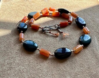 Blue Tiger Eye & Carnelian Necklace | Silk Knotted Gemstone Necklace