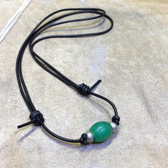 Green Agate on Adjustable Leather Cord Necklace Unisex - Etsy