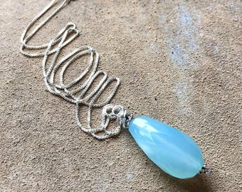 Blue Chalcedony Necklace | Sterling Silver Chalcedony Pendant | Gemstone Drop Necklace
