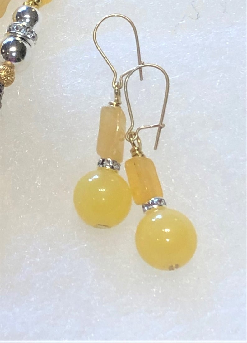 14 K gold filled drop dangle earrings for Her@IndigoLayne Yellow Jade drops with natural Citrines