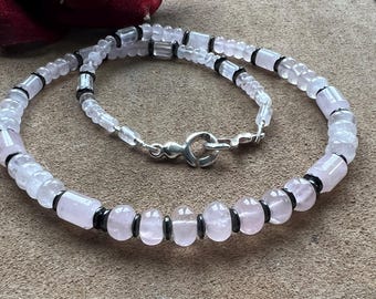 Rose Quartz Necklace Pink Gemstone Jewelry, Natural Quartz Necklace, Sterling Silver Clasp, Gift for Her
