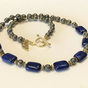 Lapis Focal Necklace with Pyrite and gold accents, Lapis bead necklace, gift for her