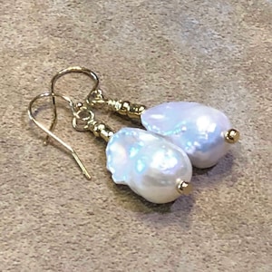 Superb Lustre White Baroque Freshwater Pearls Drop Earrings, 14 K gold filled, handmade fine pearl jewelry, gift for Her