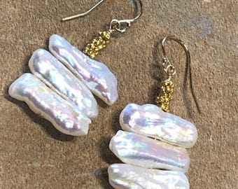 Cultured Freshwater Pearl Earrings, Biwa Pearl Linear Stack, Bridesmaids gift, Wedding,  gift for Her