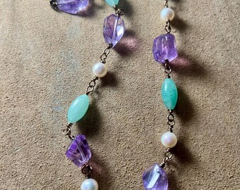 Akoya Pearl Necklace with Amethyst & Aventurine | Hand Linked Gemstone Necklace