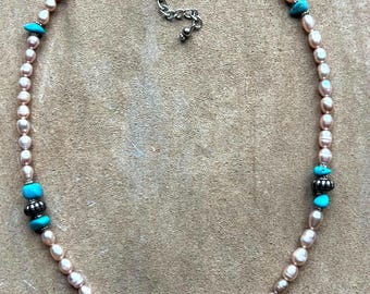 Pearl and Kingman Turquoise Necklace, June Birthstone Necklace, Peach Freshwater Pearl Necklace, Kingman Turquoise Jewelry
