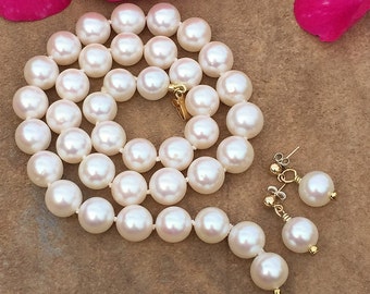 Akoya Pearl Necklace & Earring Set | Silk Knotted Pearl Necklace | 14K Gold Clasp