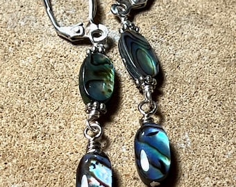 Paua Shell Earrings, Abalone Shell Drop Earrings Sterling Silver, Iridescent Blue Green Mother of Pearl Jewelry