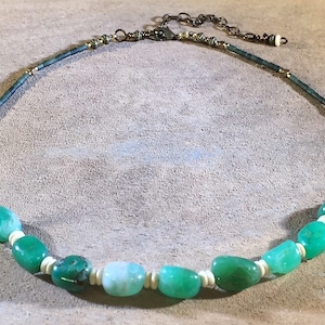 Chrysoprase Nugget Necklace – Natural Green Gemstones with Shell and New Jade Heishi, Raw Brass Accents, Adjustable 18–20.5 in