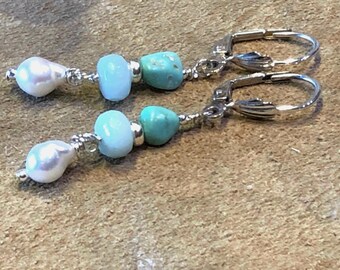 Amazonite Gemstone Earrings, Freshwater Pearl Drops, Sterling Silver