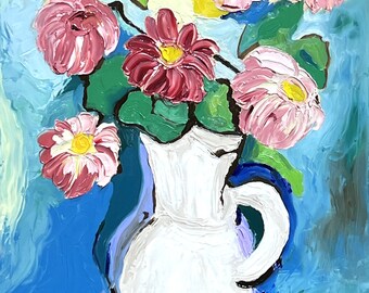 First Dahlias | Original Floral Oil Painting | English Country Interior Art | Timeless Still Life | Sissy Altom