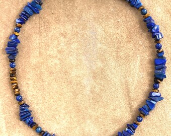 Natural Lapis Lazuli & Tiger's Eye Necklace | The Azure Necklace | Handmade Gemstone Jewelry | Gold Toggle Clasp