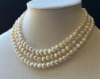 Triple Strand Freshwater Pearl Necklace | Silk Knotted Pearl Necklace | Sterling Silver Clasp