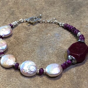 Ruby Focal Bracelet with Freshwater Pearl coins, Pearl and Rubies  Bracelet, gift for her