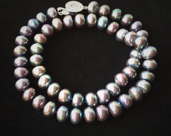 Peacock Freshwater Pearl Necklace | Silk Knotted Pearl Strand | Sterling Silver Clasp