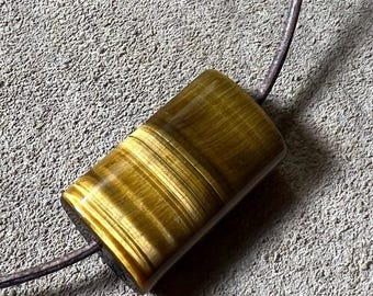 Tiger Eye Talisman Necklace, Tapered Pendant, Greek Leather Cord, Adjustable Length