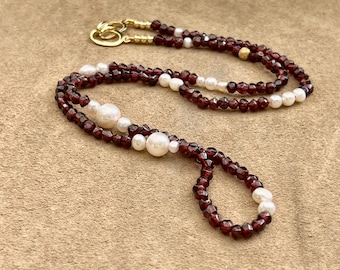 Crimson Red Rhodolite Garnet & Freshwater Pearl Necklace | Bridal Necklace | January Birthstone | Handmade Fine Gemstone Jewelry